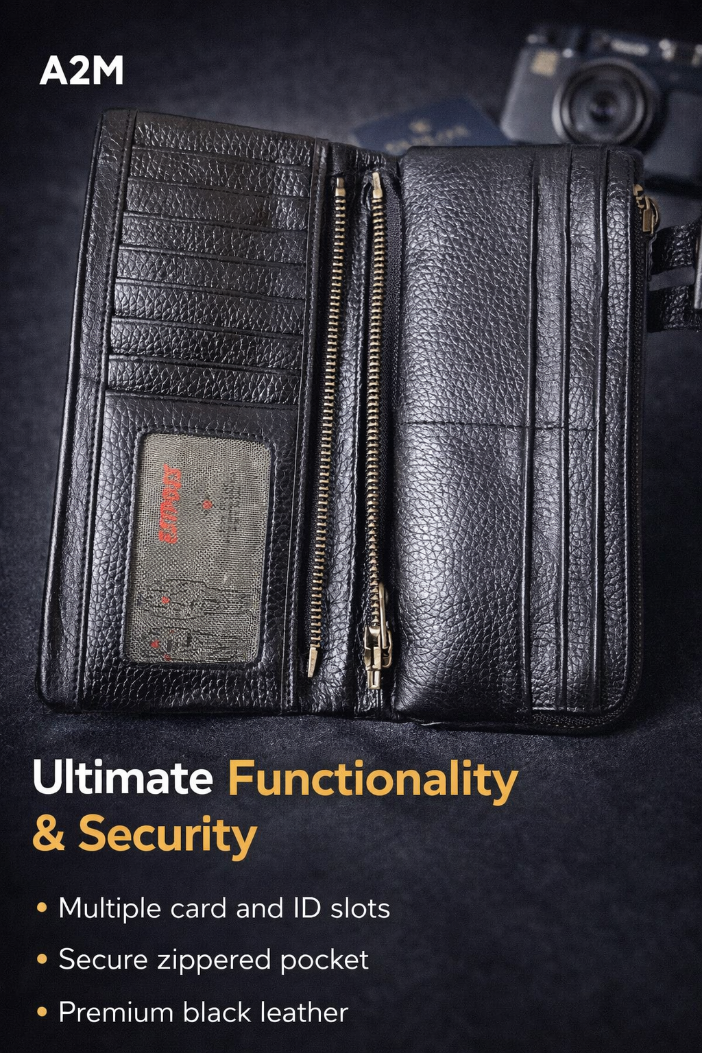 Premium Black Leather Wallet with Strap for Men | A2M