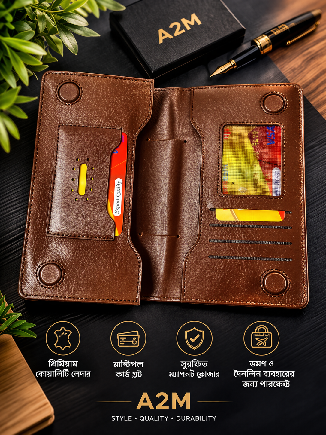Premium Brown Leather Long Wallet for Men | A2M