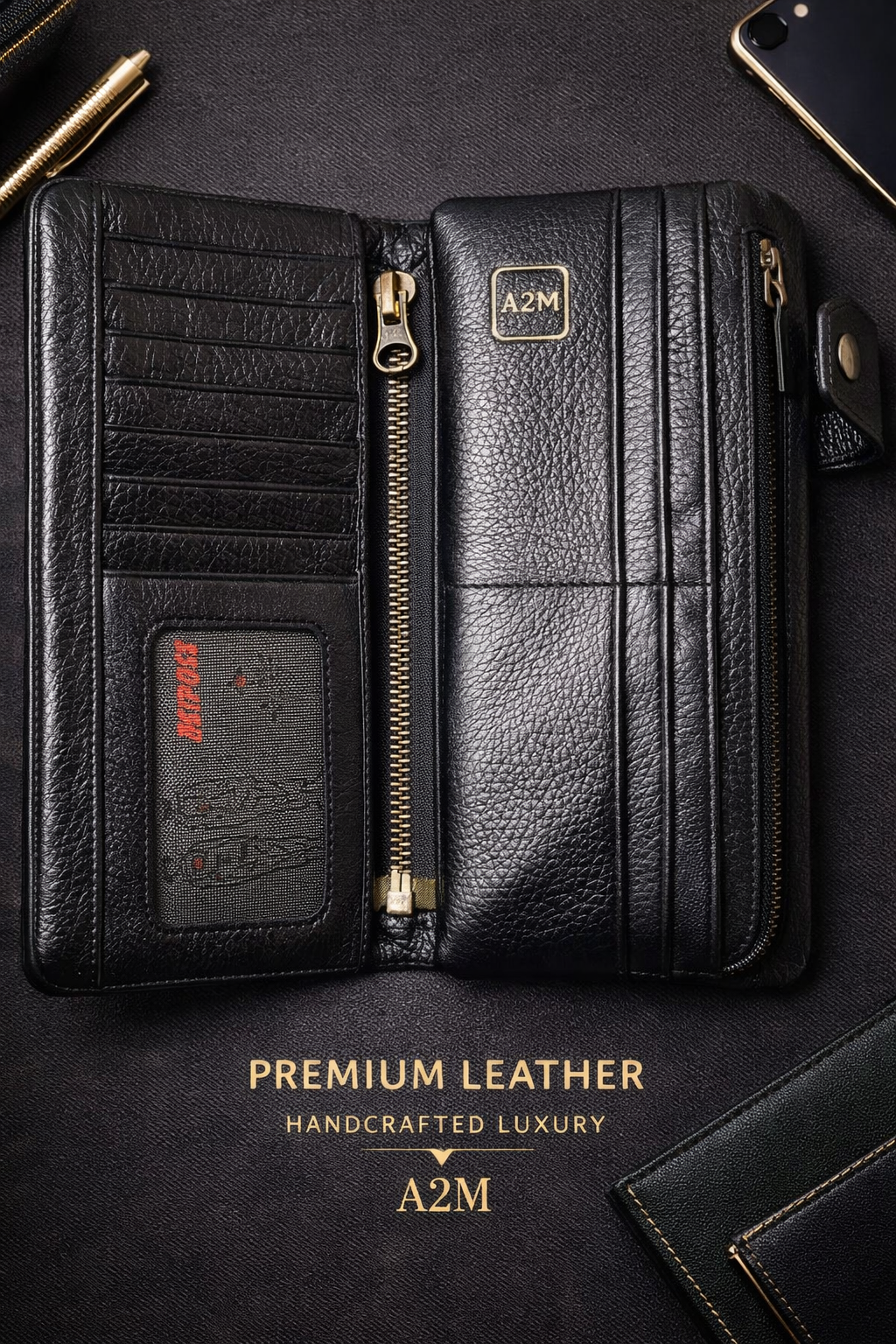 A2M Premium Leather Wallet – স্টাইলিশ মাল্টি-কার্ড জেন্টস ওয়ালেট (Zip + Lock Design)