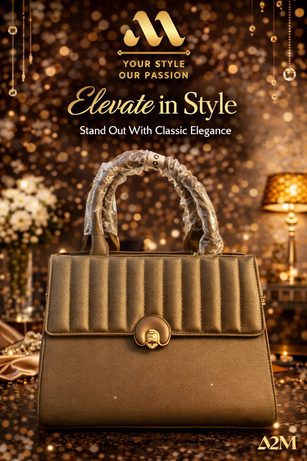 Elegant khaki handbag with golden accents.png