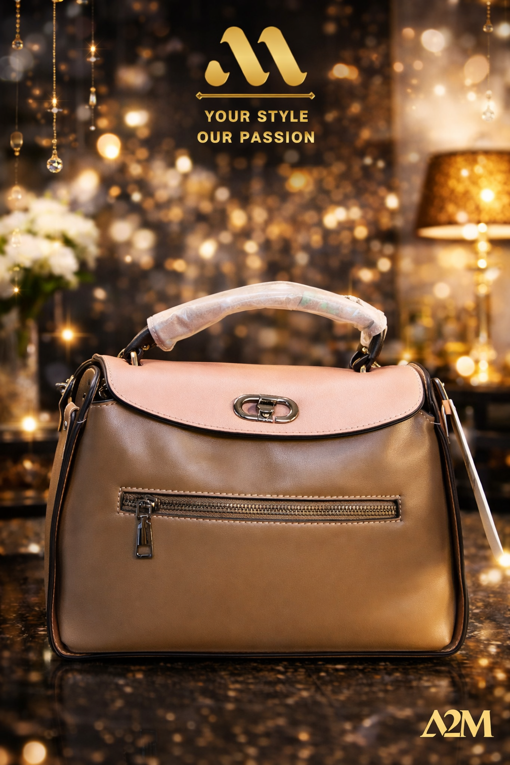 Elegant two-toned handbag in luxury setting.png