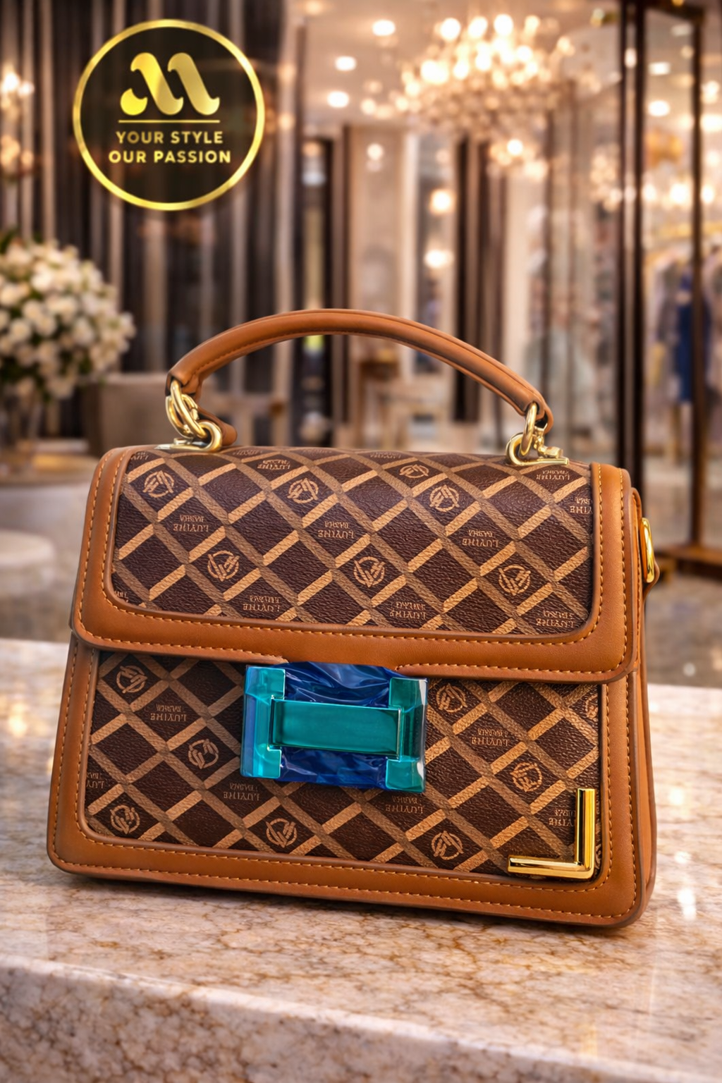 Elegant brown handbag in luxury setting.png