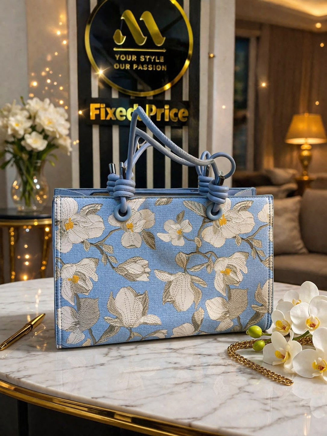 Elegant blue handbag on marble table.png