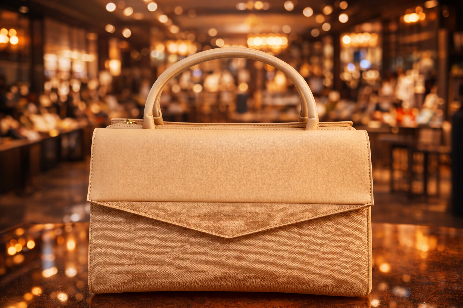 Elegant beige handbag on marble surface.png
